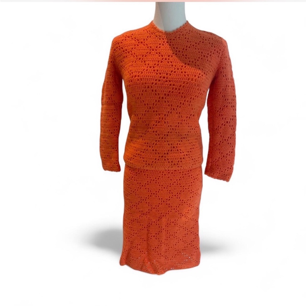 1960s Orange Crochet Pencil Skirt set- Women Skirts